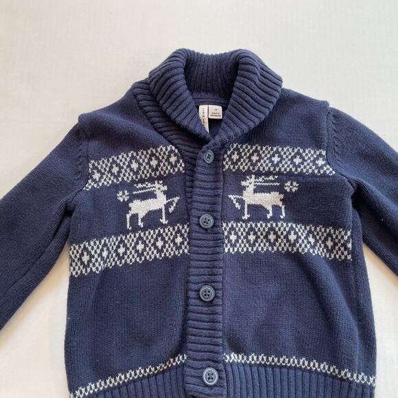 Janie and Jack Navy Blue Reindeer/Fair Isle Shawl Collar Cardigan, 2T - Picture 5 of 13